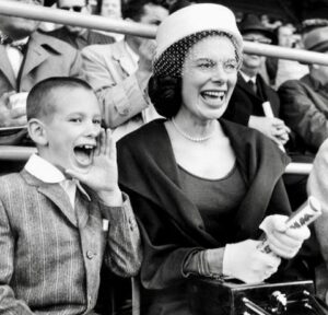 Mike Veeck with his mother marry Frances Veeck watching baseball match